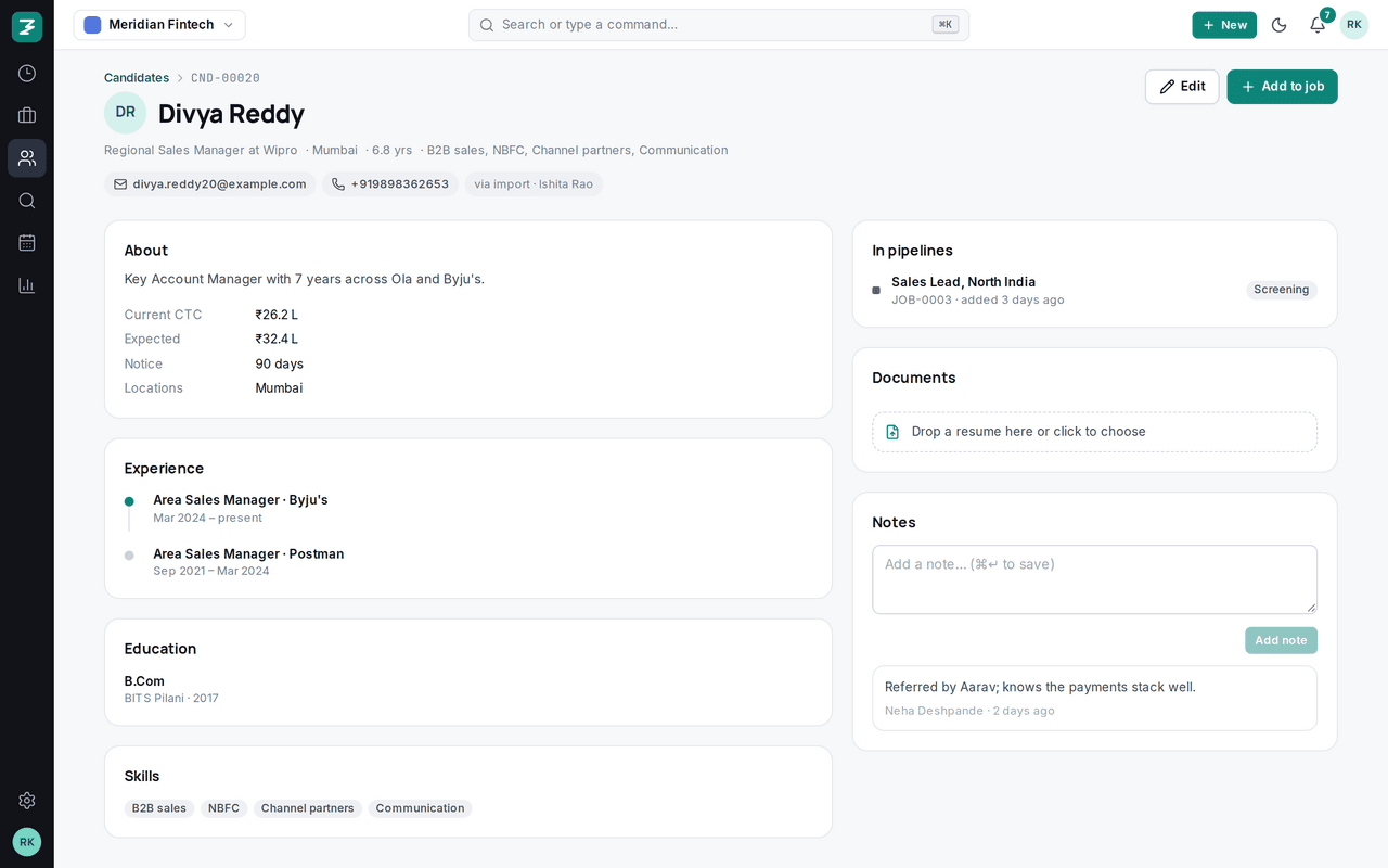 AI-parsed candidate profile
