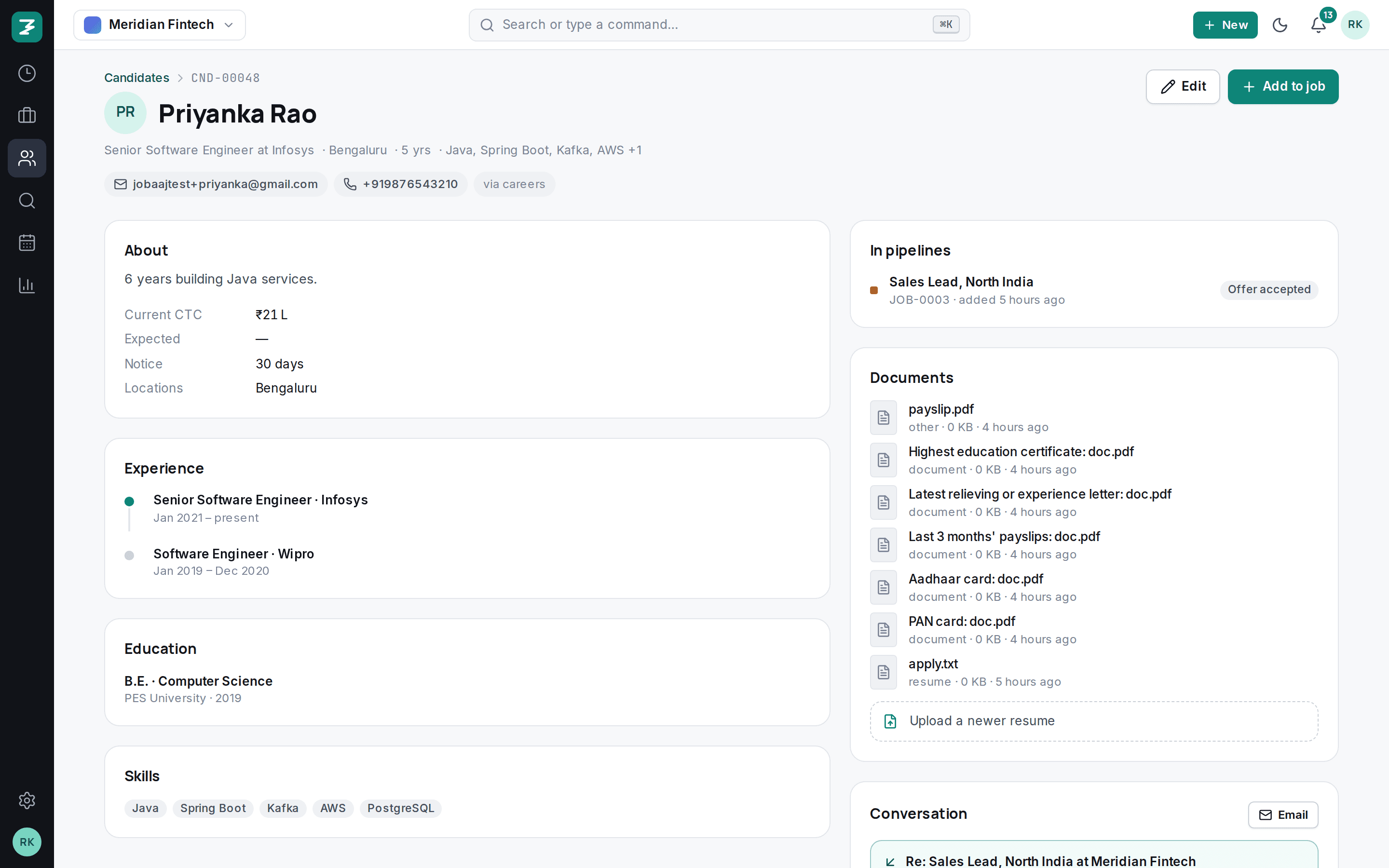 A candidate profile with parsed experience, documents and the email thread