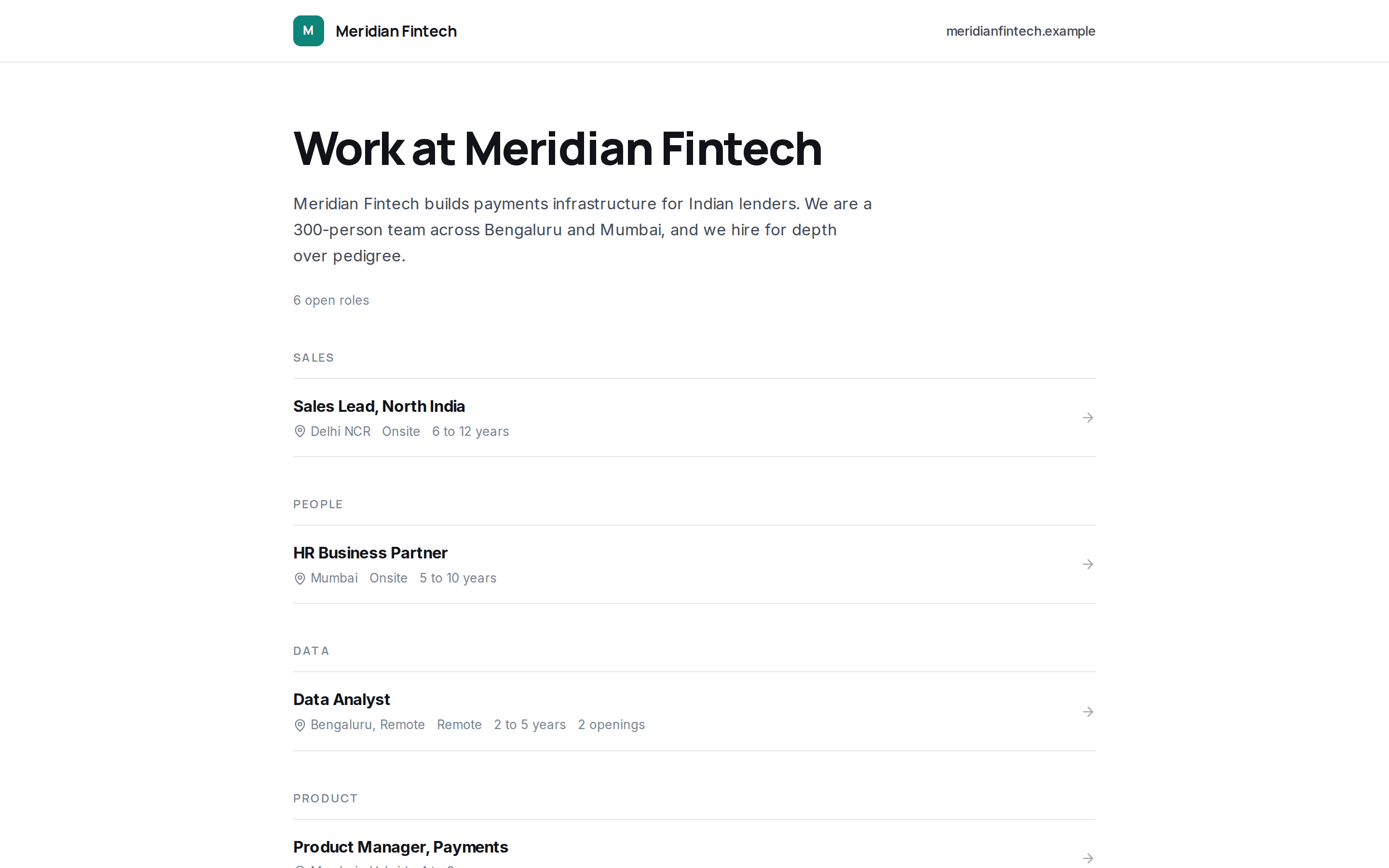 A hosted careers page with open roles