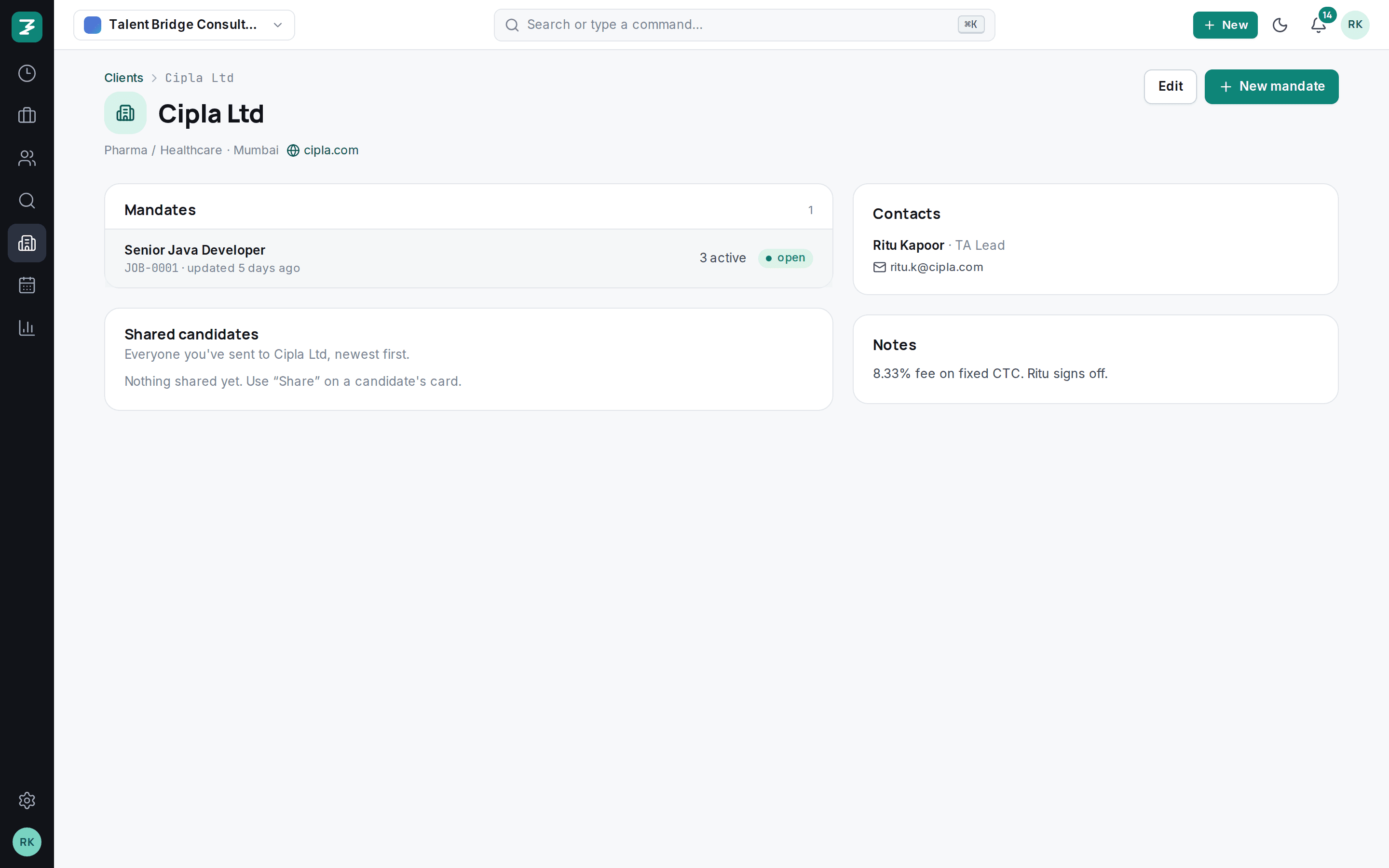 A client page with mandates and contacts