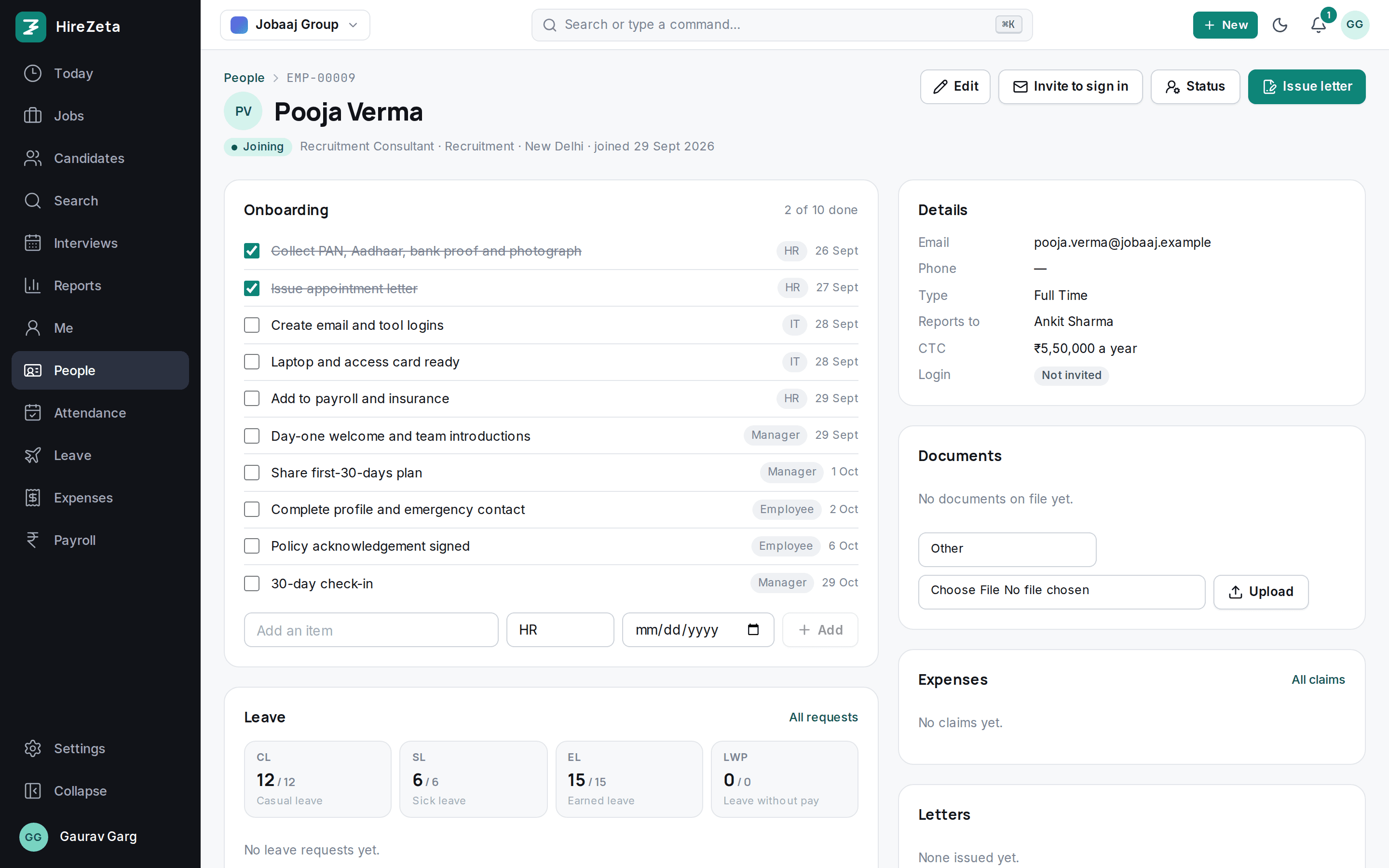 An employee profile with onboarding checklist, leave balances and attendance