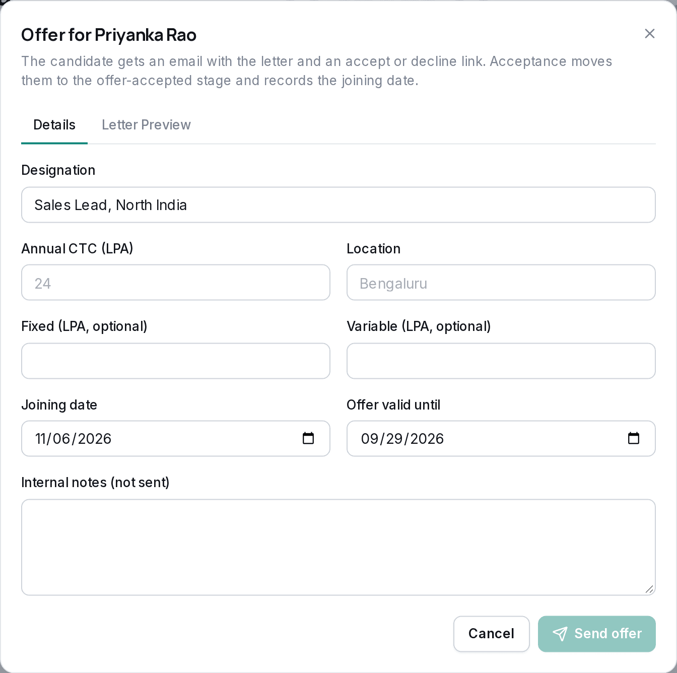 Offer dialog