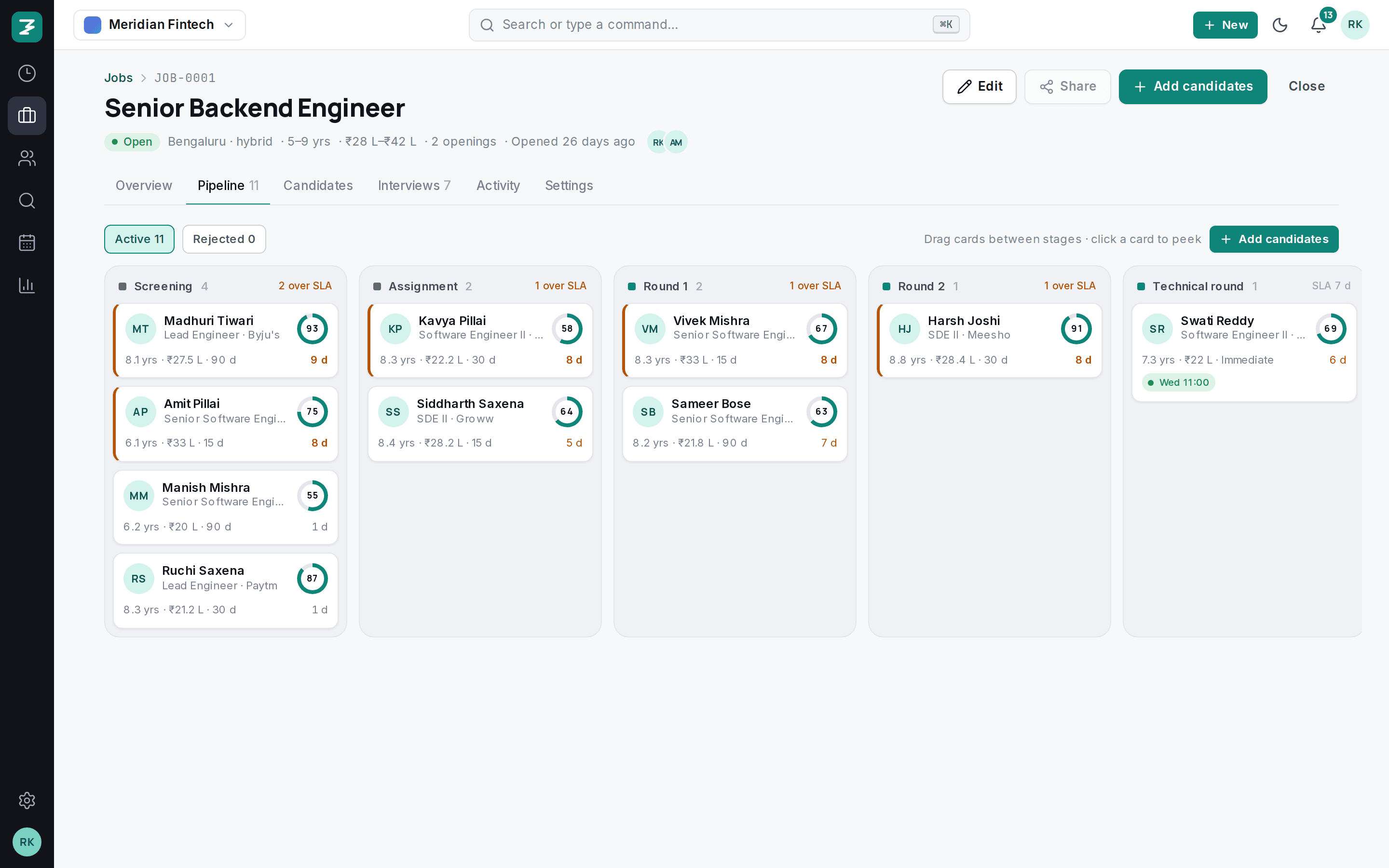 A role's pipeline board with a candidate peek open
