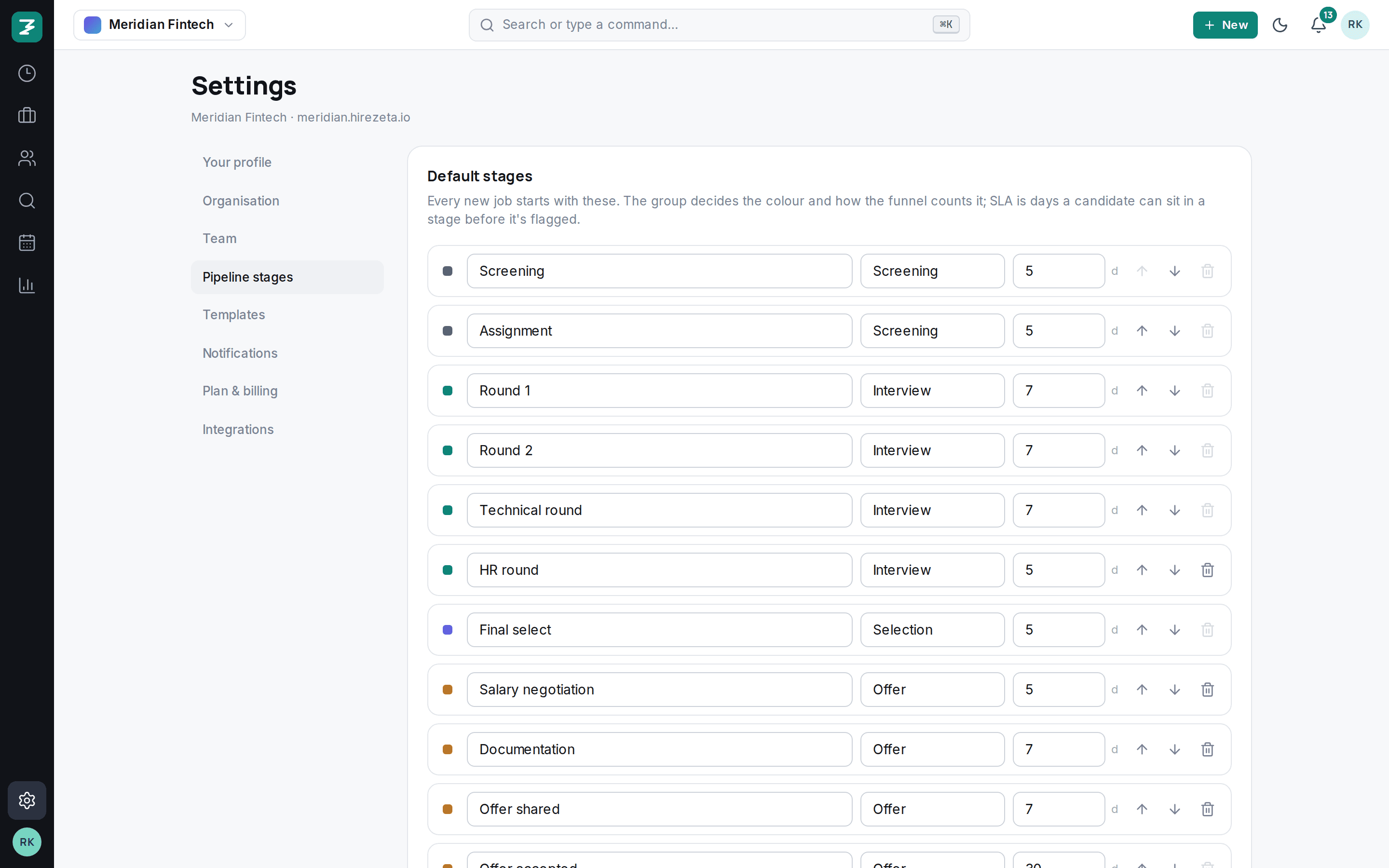 Pipeline stage templates in settings